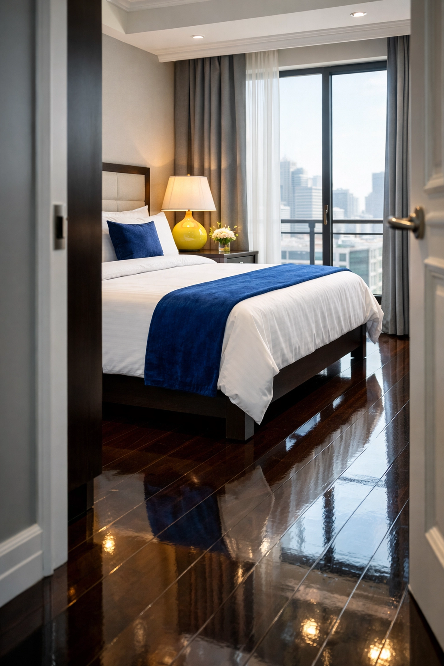 Spotless luxury bedroom with polished floors following a professional house cleaning in Milford.