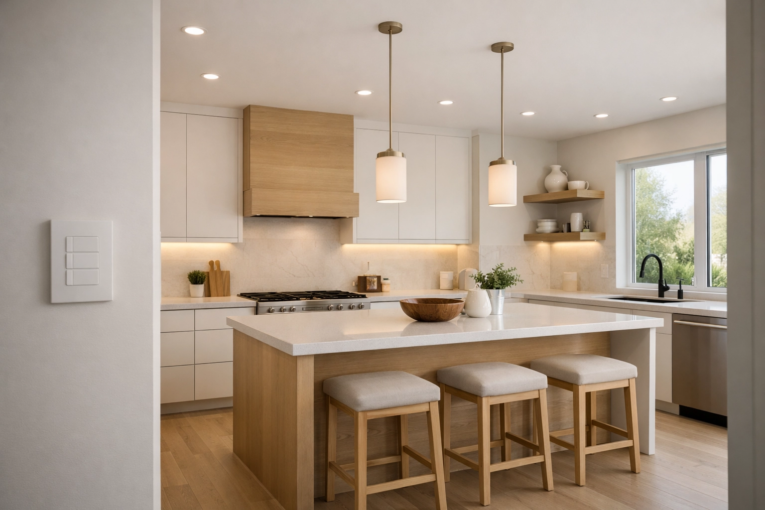 Modern kitchen renovation in Scottsdale featuring layered smart lighting and designer pendant fixtures.