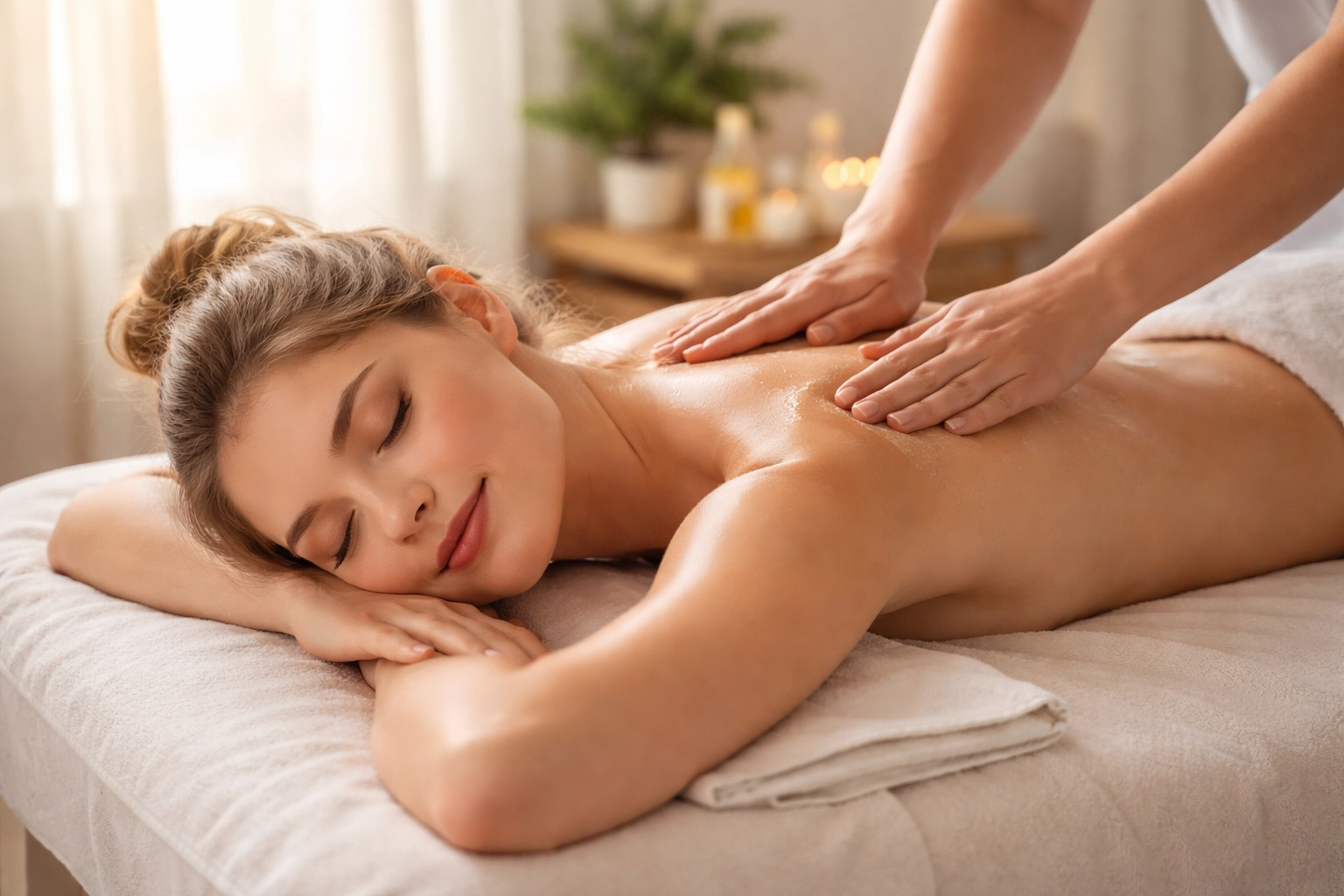Woman receiving a relaxing Swedish massage with long, flowing strokes at a tranquil spa setting