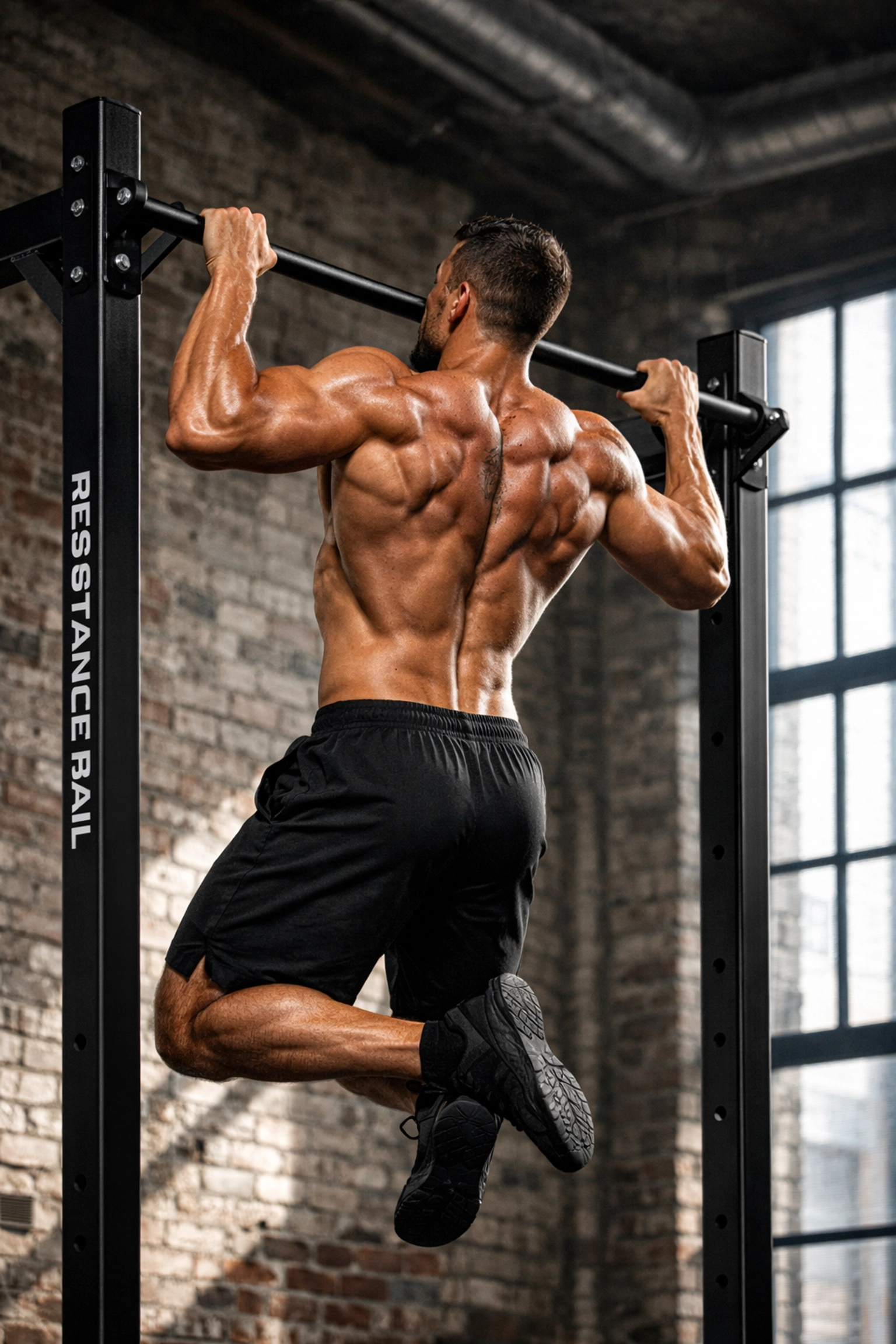 Athlete doing pull-ups on a stable floor-to-ceiling Resistance Rail in a modern industrial home gym.