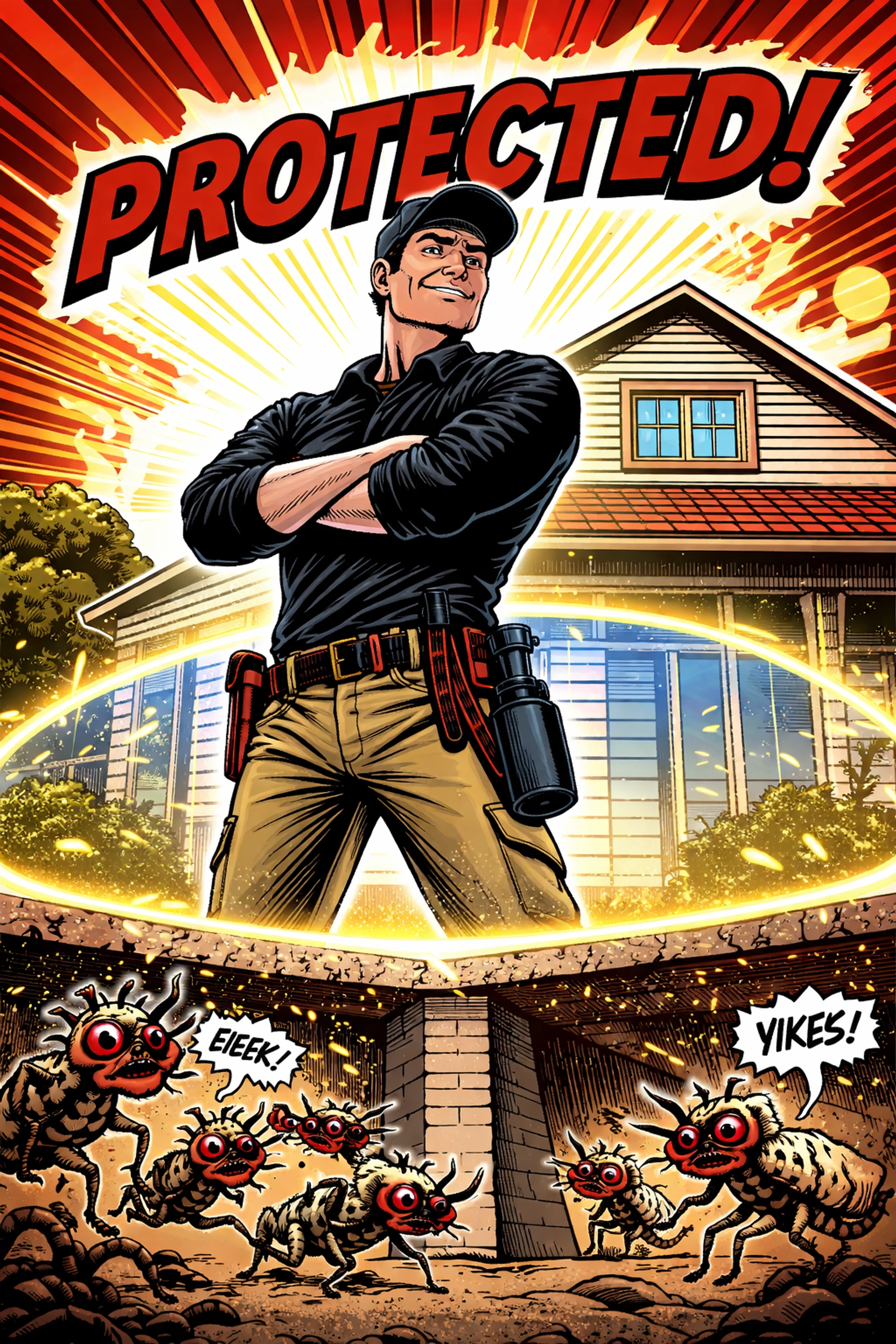 Heroic pest control technician protects a home's foundation from termites with a glowing barrier in Jasper, AL.