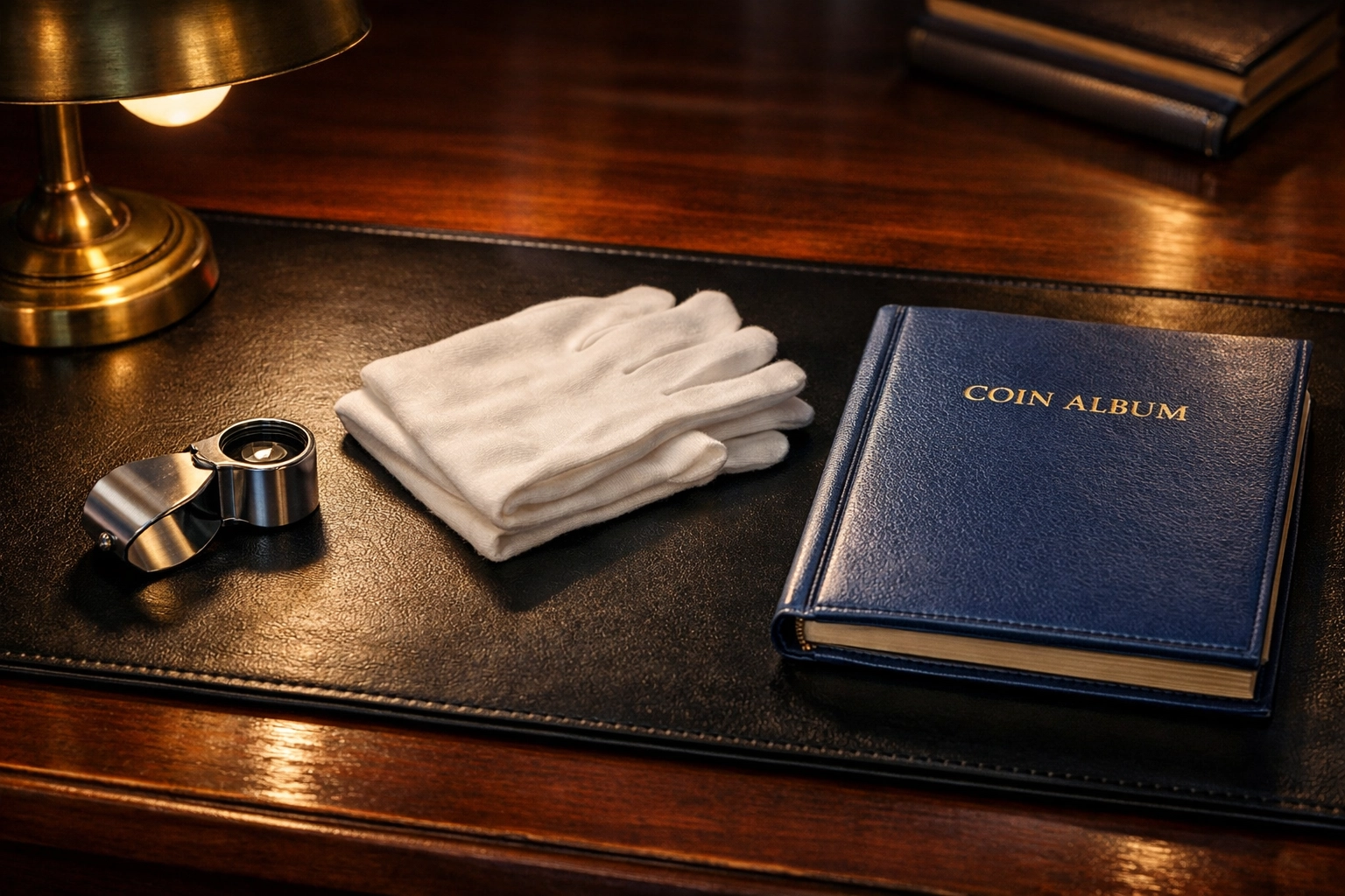 Professional coin collector tools including a loupe and gloves for a 1921 Peace Dollar high relief study.