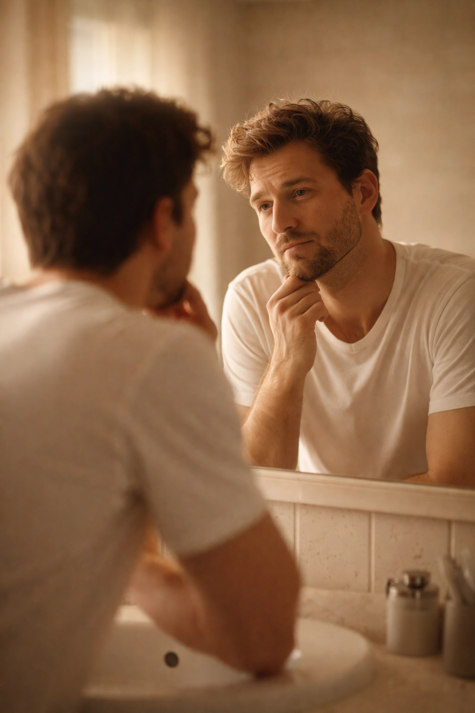 Fiatal férfi tükörbe néz, reggeli fényben: önbizalom és önkép hatása a merevedésre és férfiasságra.