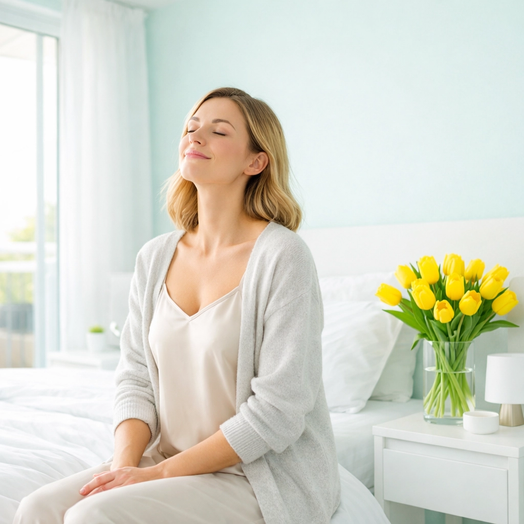 A woman breathing fresh air in a spotless bedroom after a deep cleaning service in Cedar Falls.