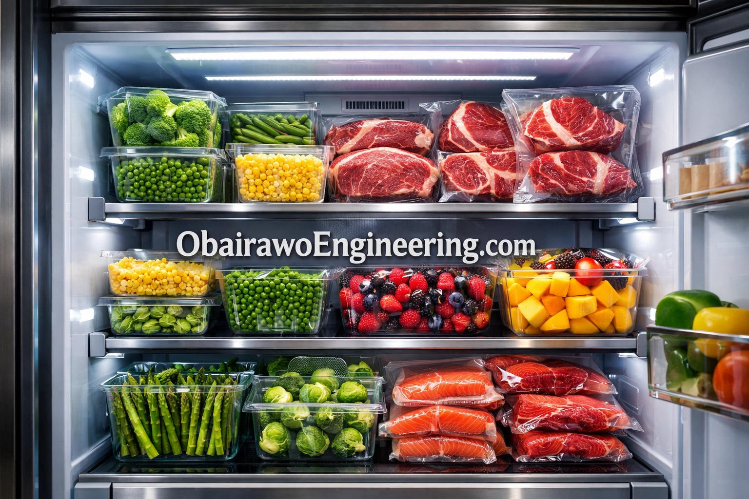 Fresh groceries inside a self-powering freezer illustrating efficient home food preservation and cost savings.