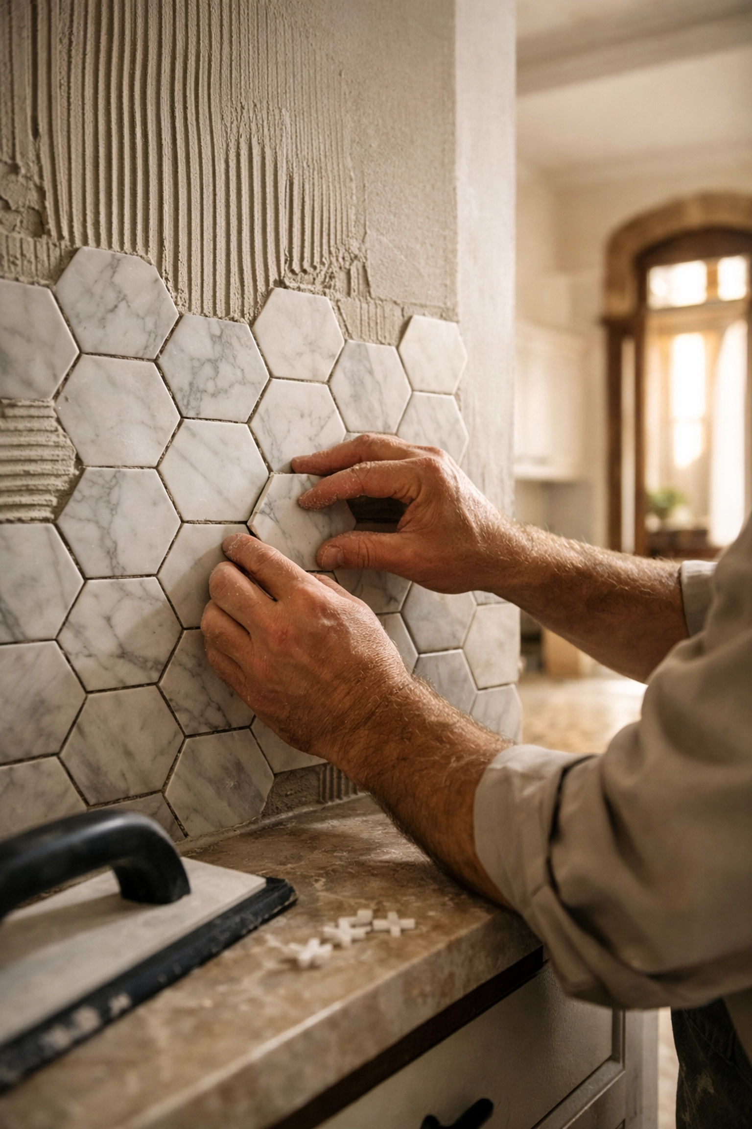 Installing new tile finishes during the final reconstruction phase of a Venice FL home restoration.