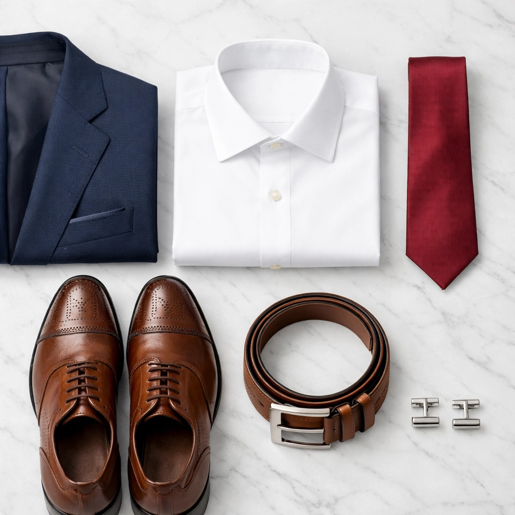 Mens formal wear essentials including navy suit jacket, dress shirt, tie, and accessories