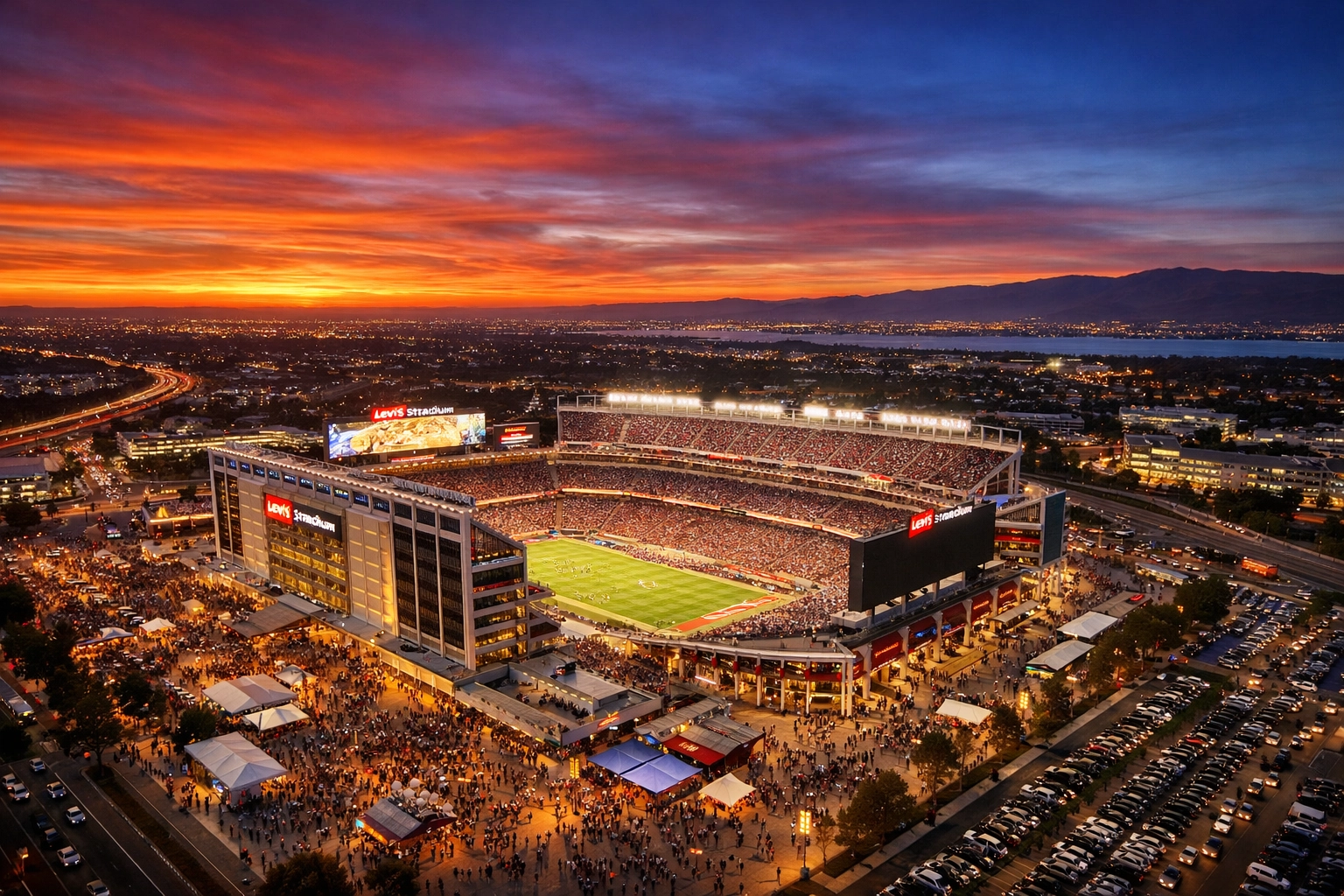 Aerial view of illuminated Levi’s Stadium, the high-engagement venue for Super Bowl 2026 OOH advertising.