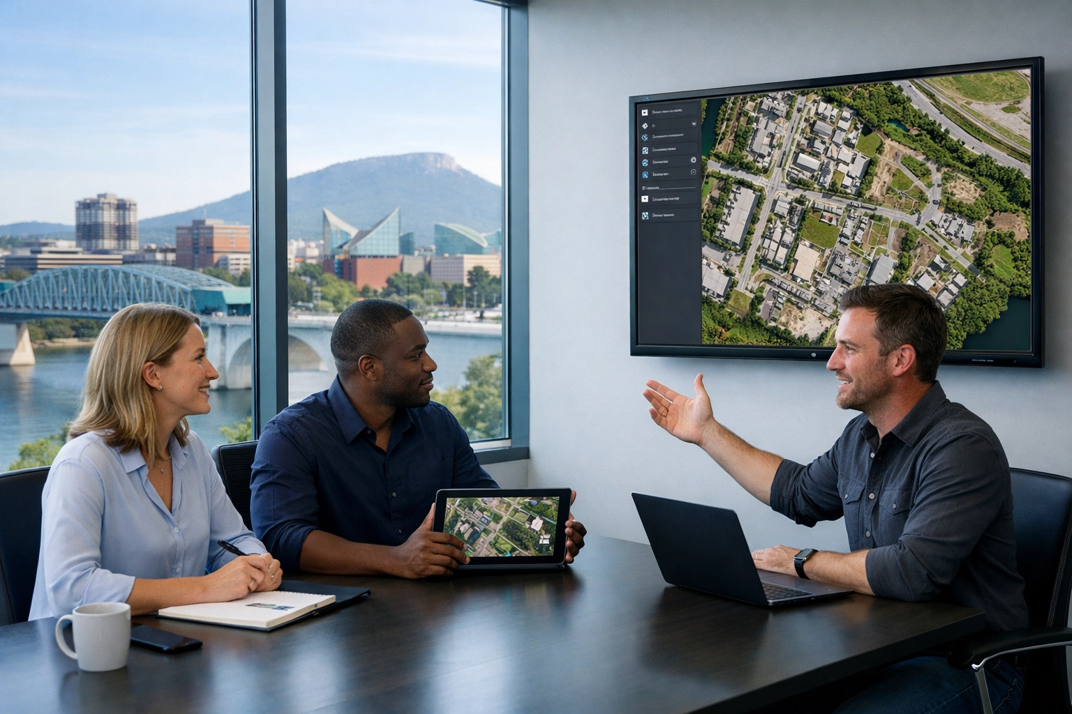 Chattanooga construction team reviewing aerial mapping data in project meeting