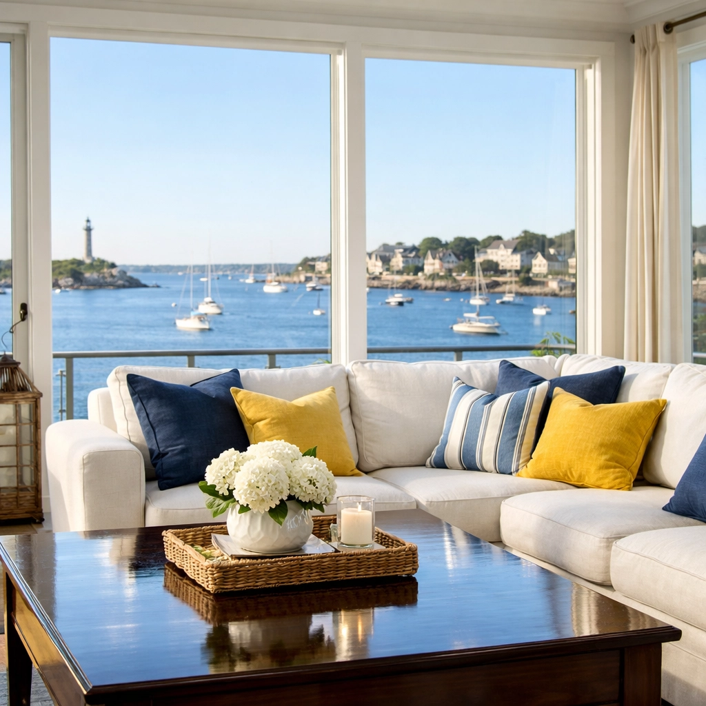 Airy coastal living room in Marblehead perfectly maintained with eco-friendly luxury house cleaning services.