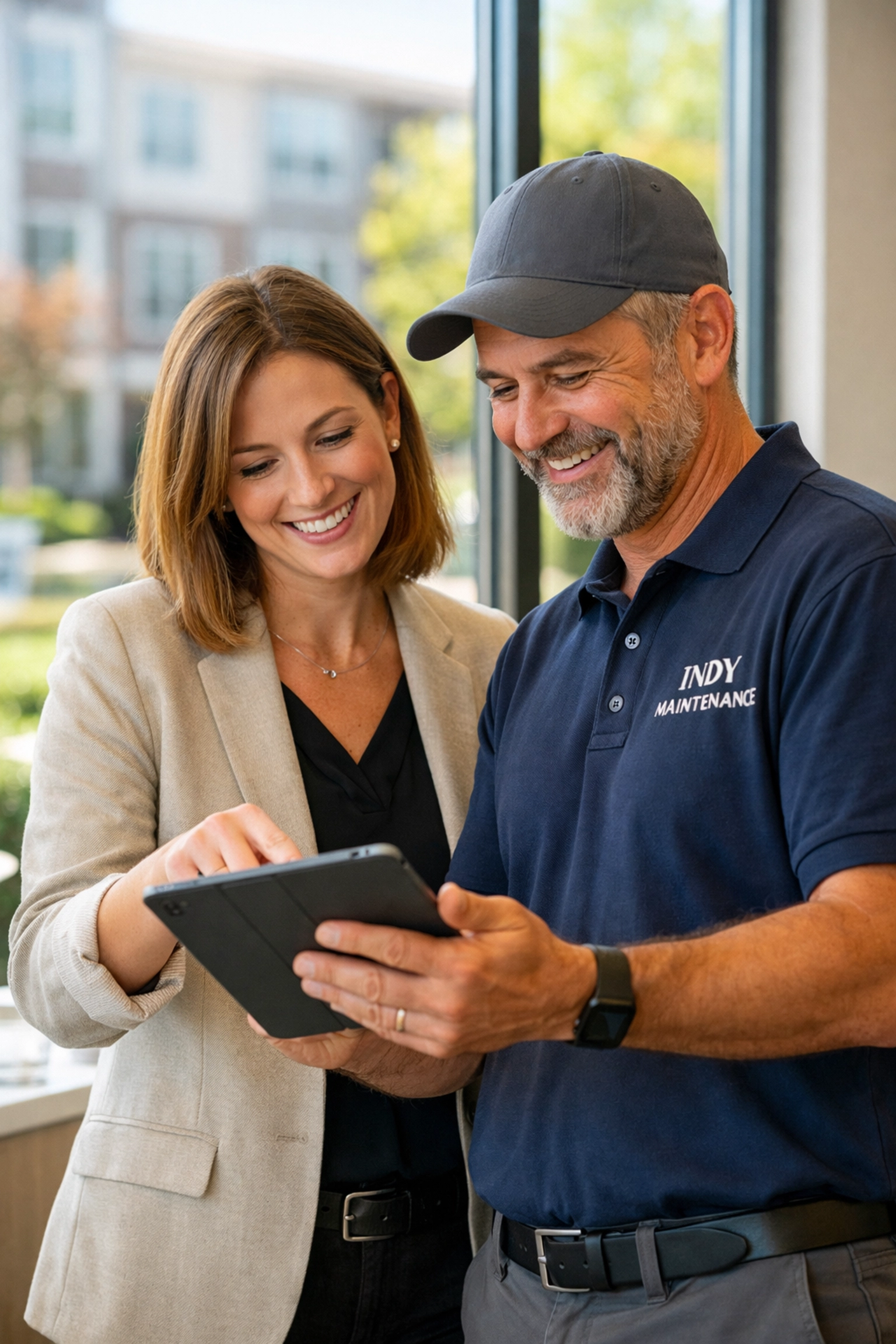 Indianapolis property manager and cleaning service partner collaborating in a modern leasing office.