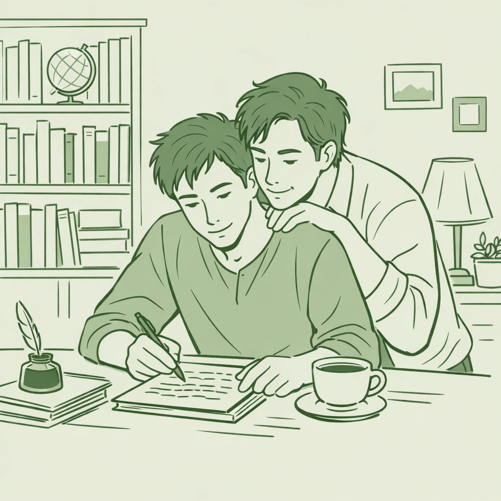 Minimalist drawing of a gay couple in a library, reflecting the power of MM author storytelling.