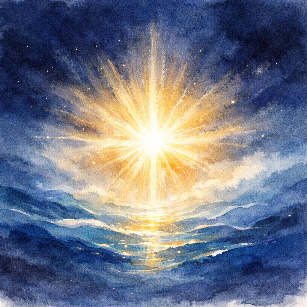 Ein goldenes Licht durchdringt die Dunkelheit des Universums und verkörpert damit Vers 3 der Genesis: Es werde Licht!