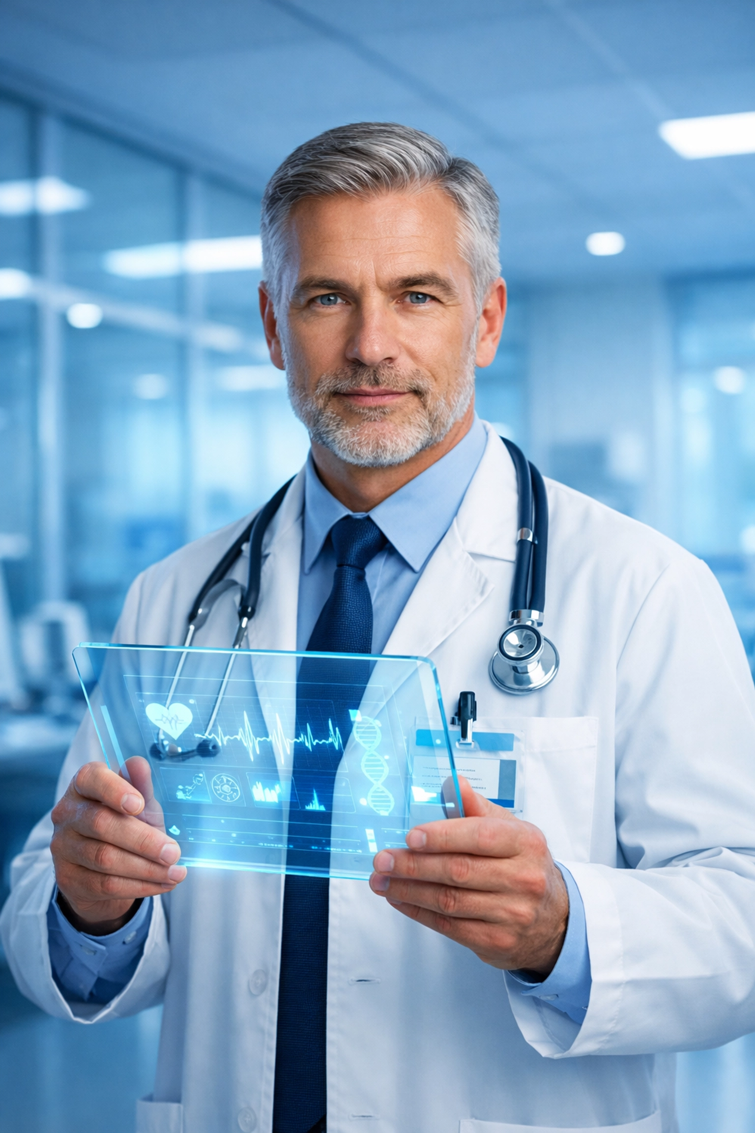 A healthcare provider in a modern clinic reviewing clinical peptide therapy protocols on a digital tablet.