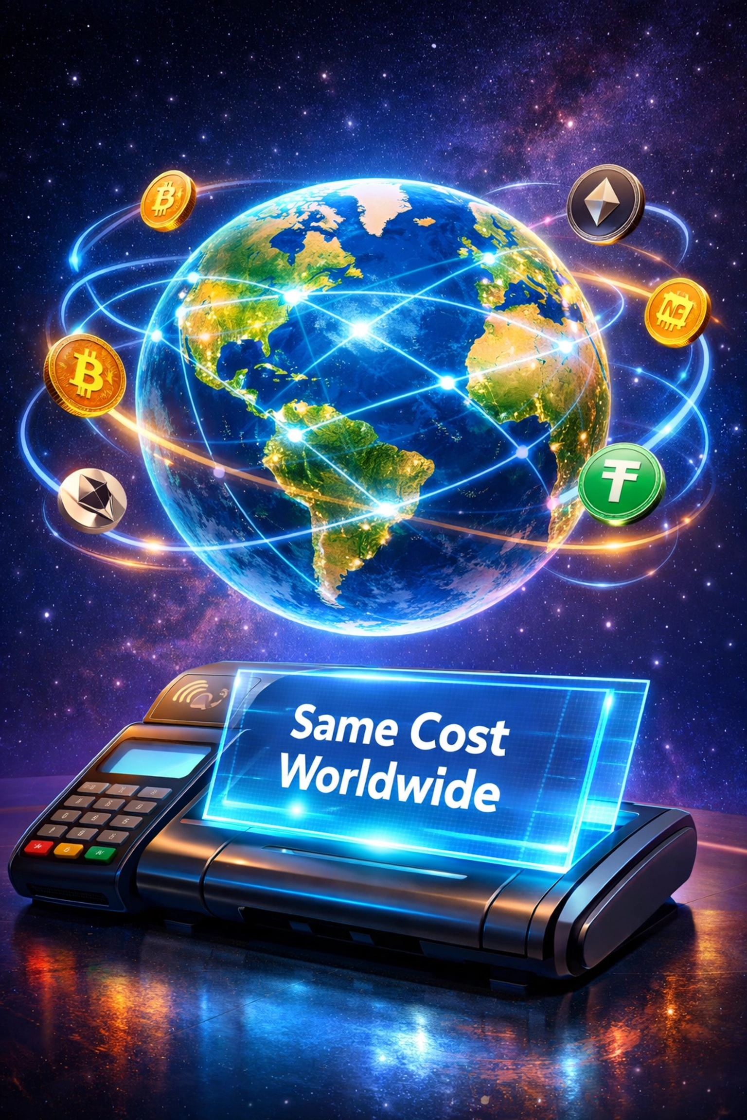 Global Web3 payments network showing borderless crypto transactions with uniform costs across all countries