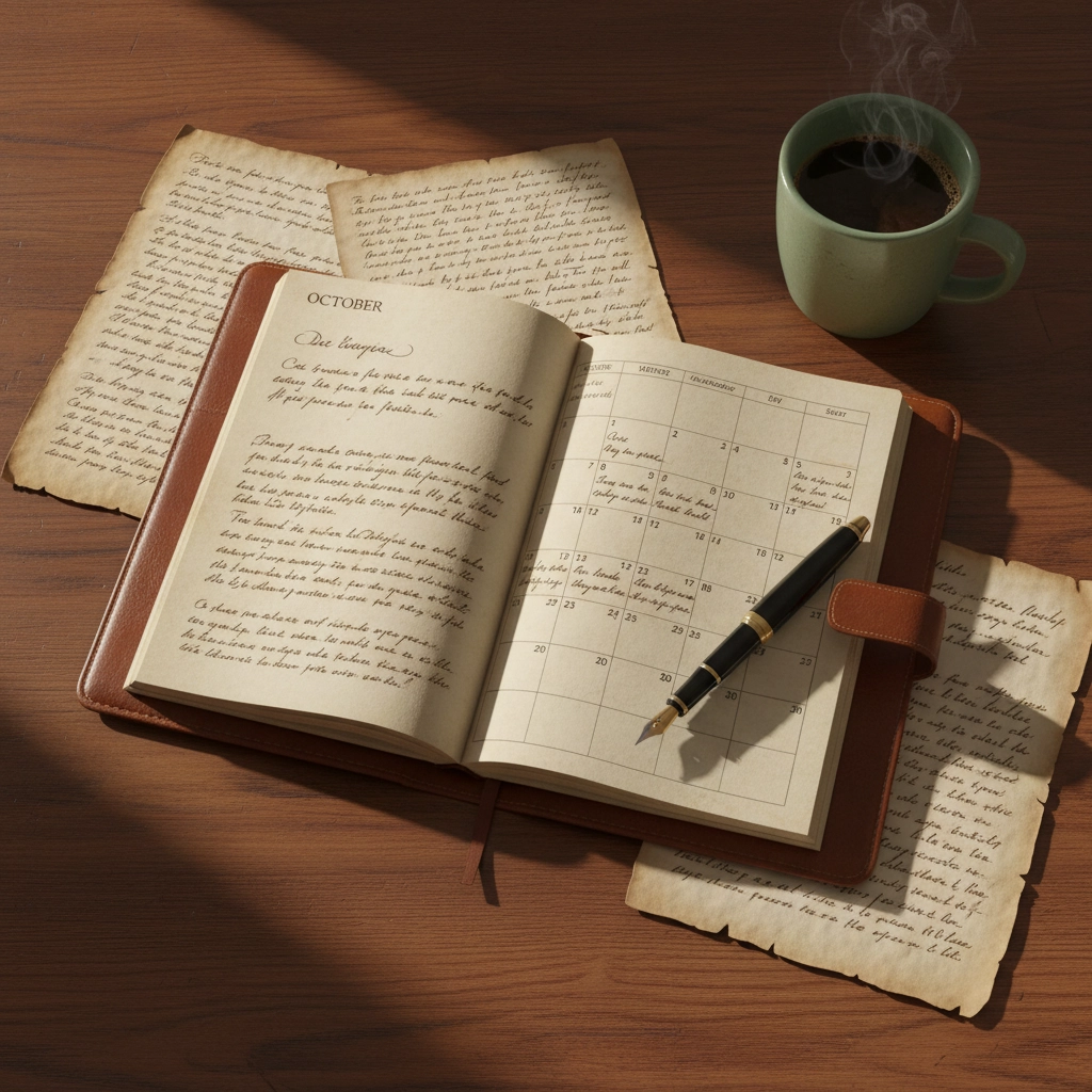 Open leather-bound planner showing a handwritten October calendar and journal entries, surrounded by aged manuscript pages and a steaming cup of coffee, symbolizing writing organization and planning for authors.