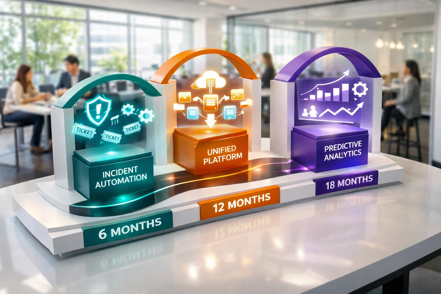18-month ServiceNow ITOM implementation roadmap with three strategic transformation phases