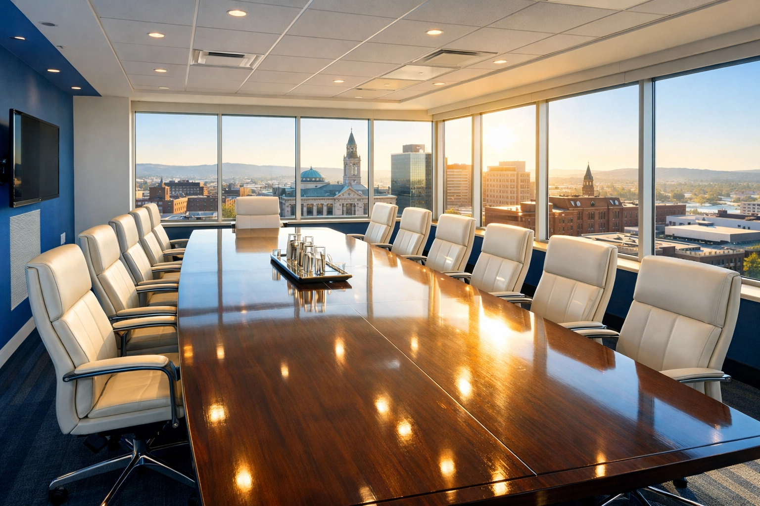 A spotless, deep cleaned corporate conference room in Worcester featuring a polished wood table.