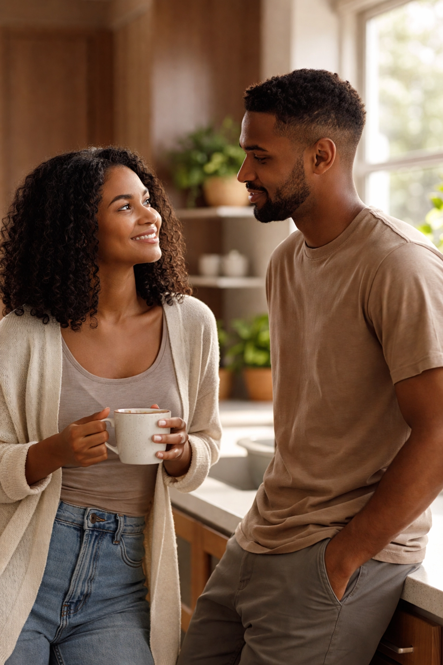 Young Black couple enjoying quality time together in a sunlit kitchen, demonstrating the importance of intentional communication.