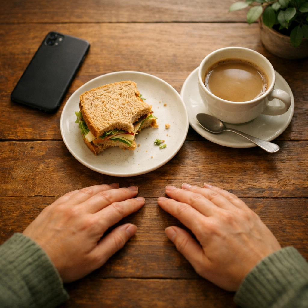 Peaceful midday lunch break with phone face-down showing intentional news disconnect