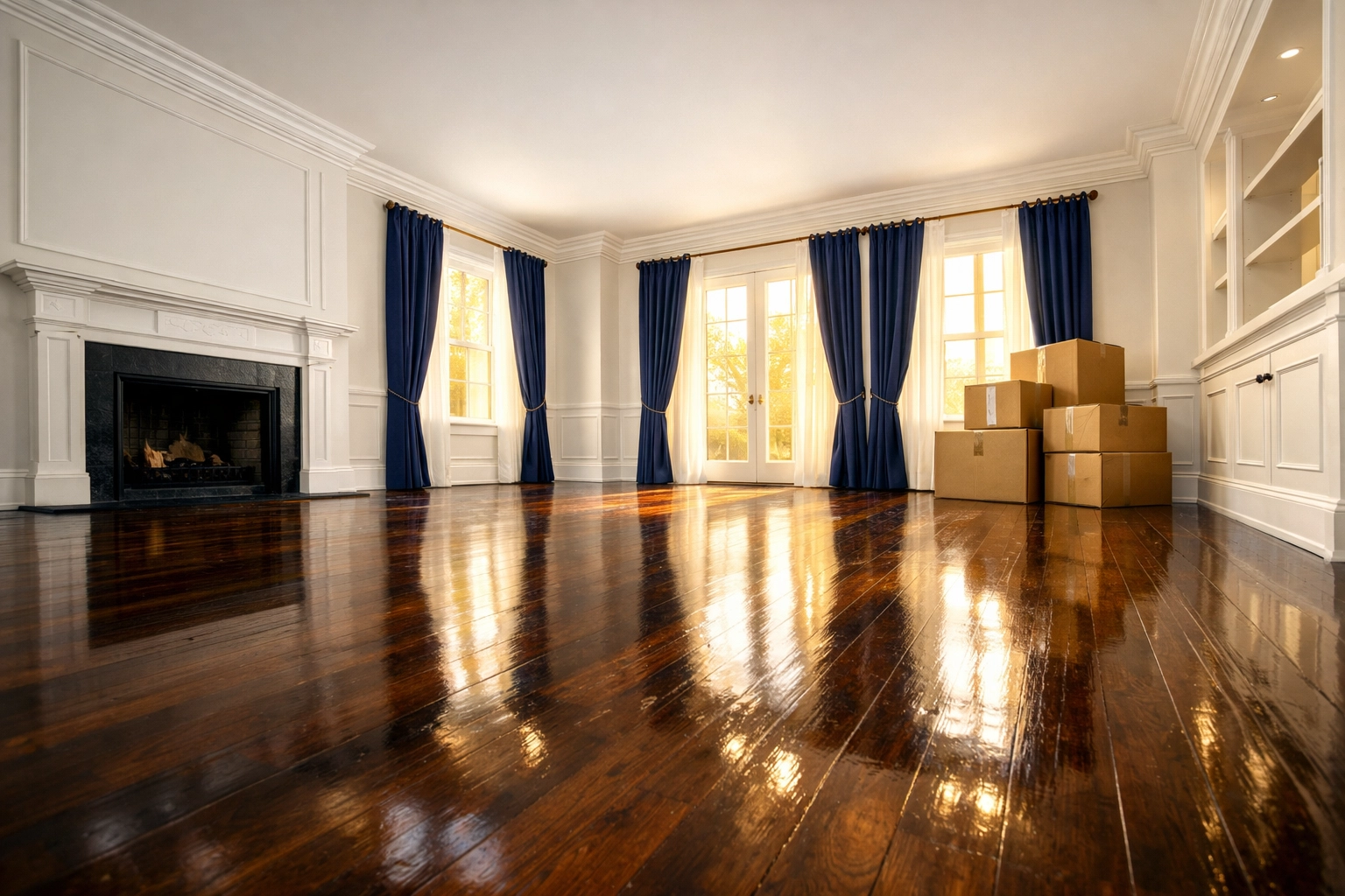 Professional move-in deep cleaning in a Stow MA home with polished floors and moving boxes.