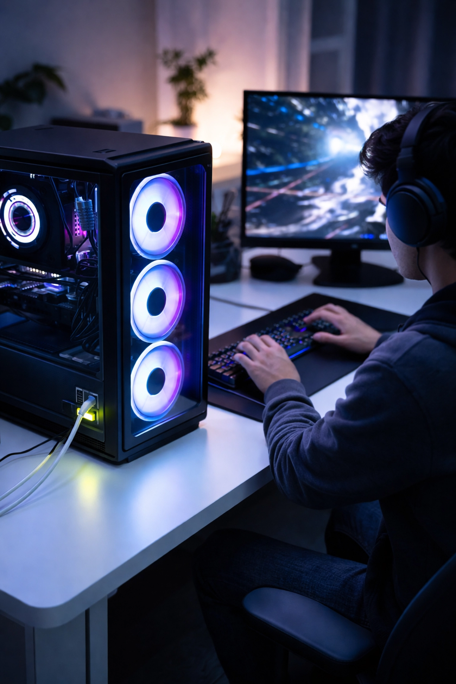 Young gamer at a high-performance PC with Ethernet cable, highlighting reliable wired connectivity for low-latency gaming.