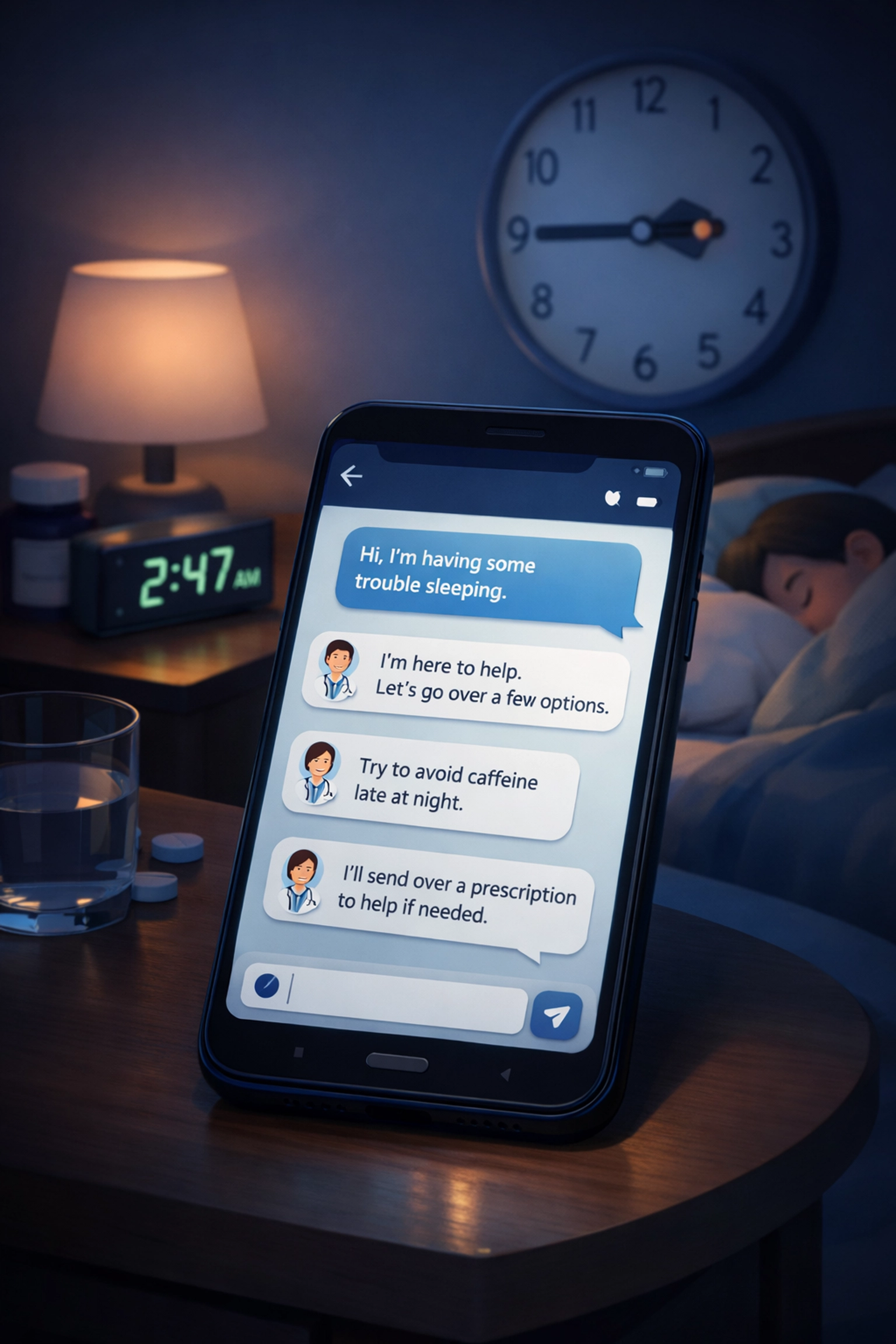 Online medical chat with doctor at 2 AM on smartphone without appointment needed