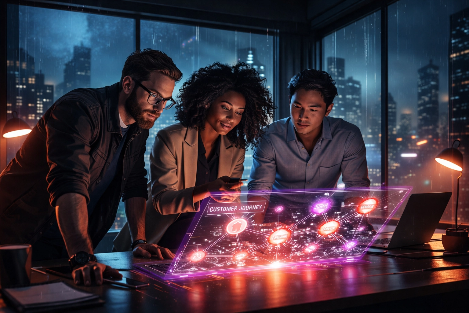 Diverse team collaborating around a glowing dashboard in a modern office, using InsightWorx for customer engagement decisions