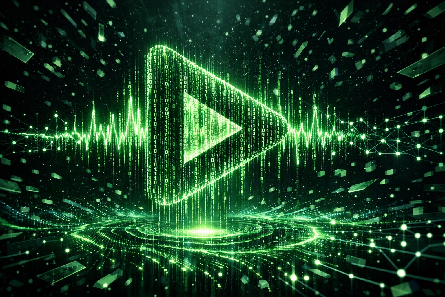 A digital play icon made of binary code symbolizing AI-powered video marketing strategies.