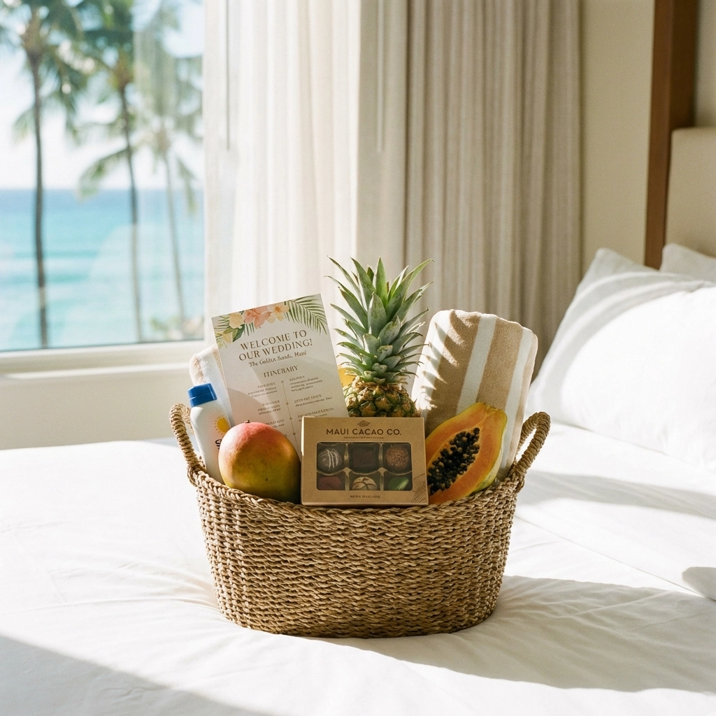 Welcome gift basket for destination wedding guests with itinerary and local treats in a resort room