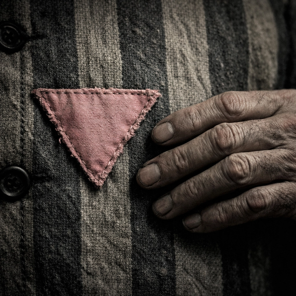 Historical pink triangle badge on a striped uniform, marking gay men during the Holocaust.
