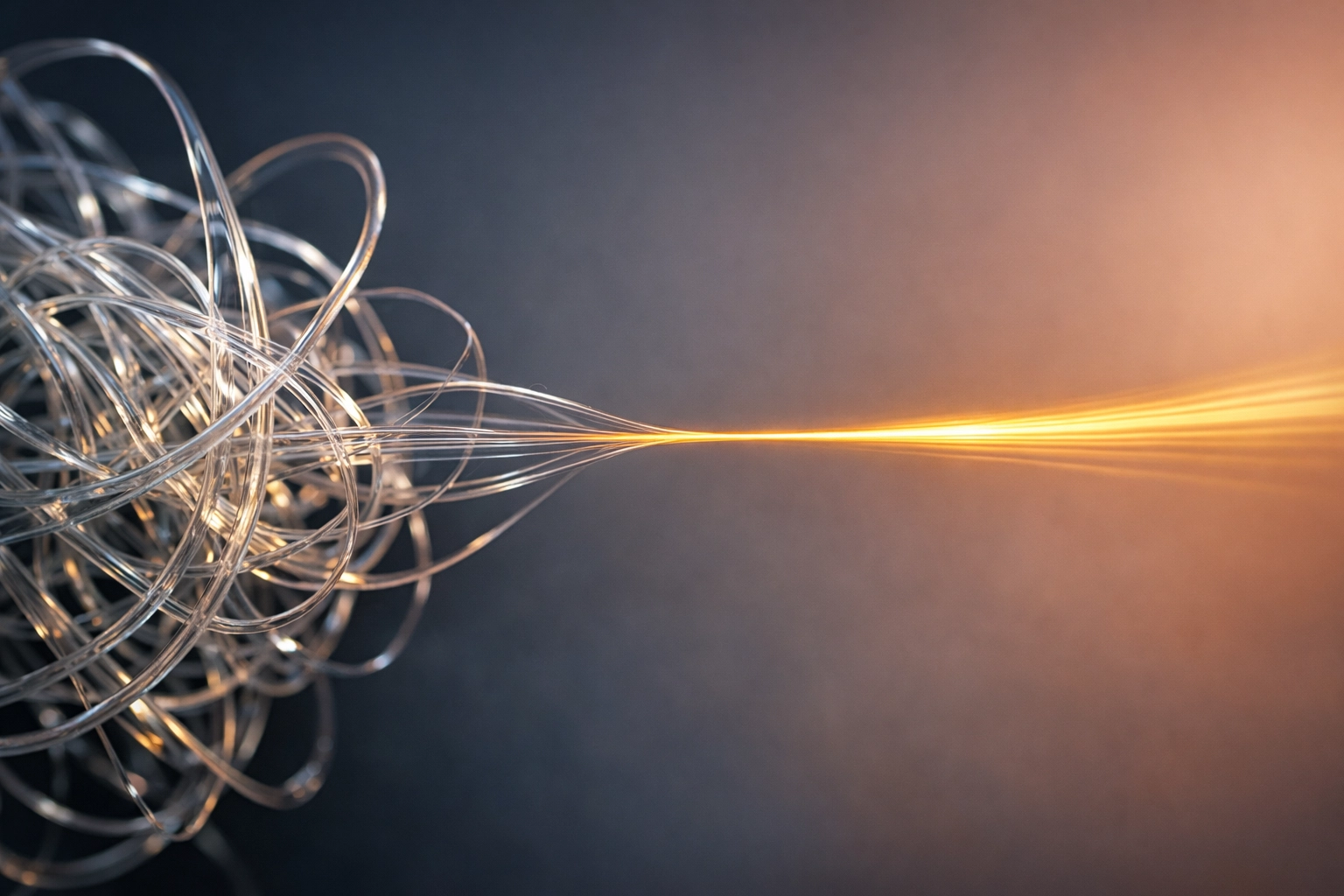 A golden thread emerging from tangled glass, symbolizing a simplified and clear tiered loyalty program structure.