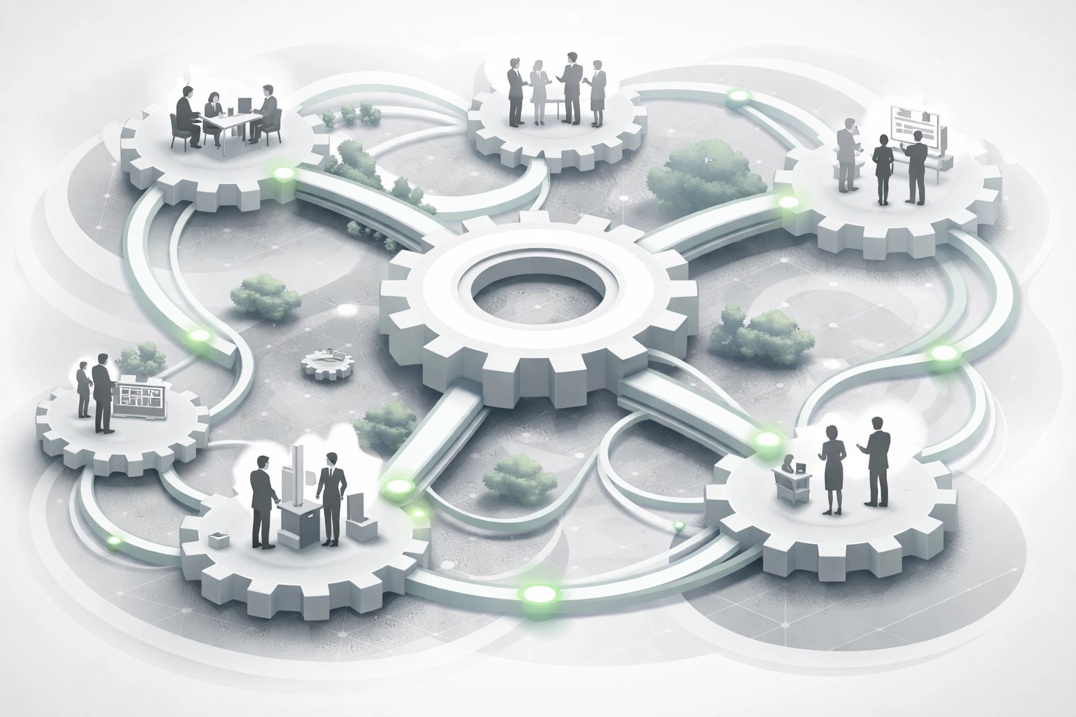Illustration of an organizational ecosystem highlighting healthy connections and resilience during leadership changes.