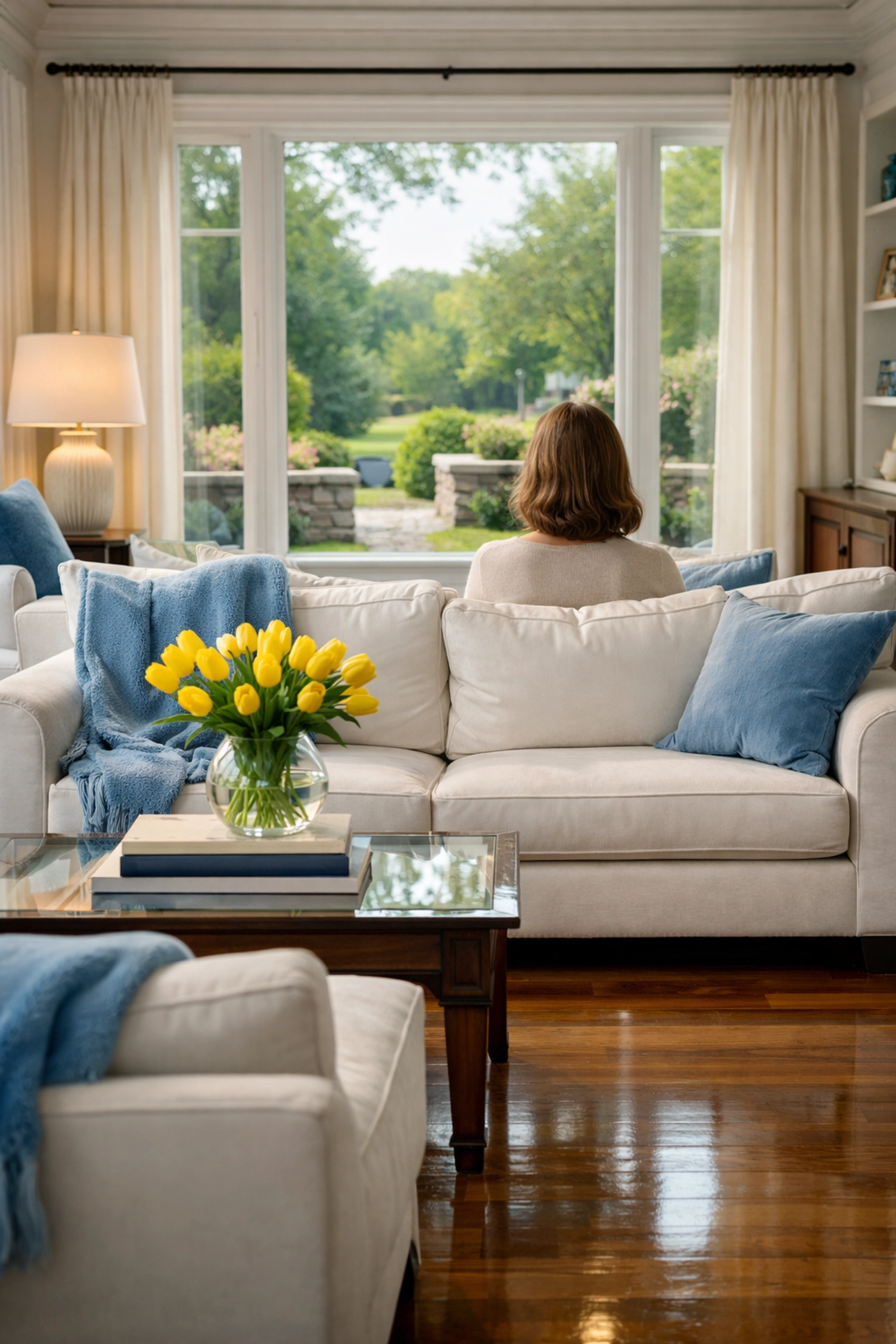 A homeowner relaxes in a spotless living room after professional house cleaning services MA in Boston.