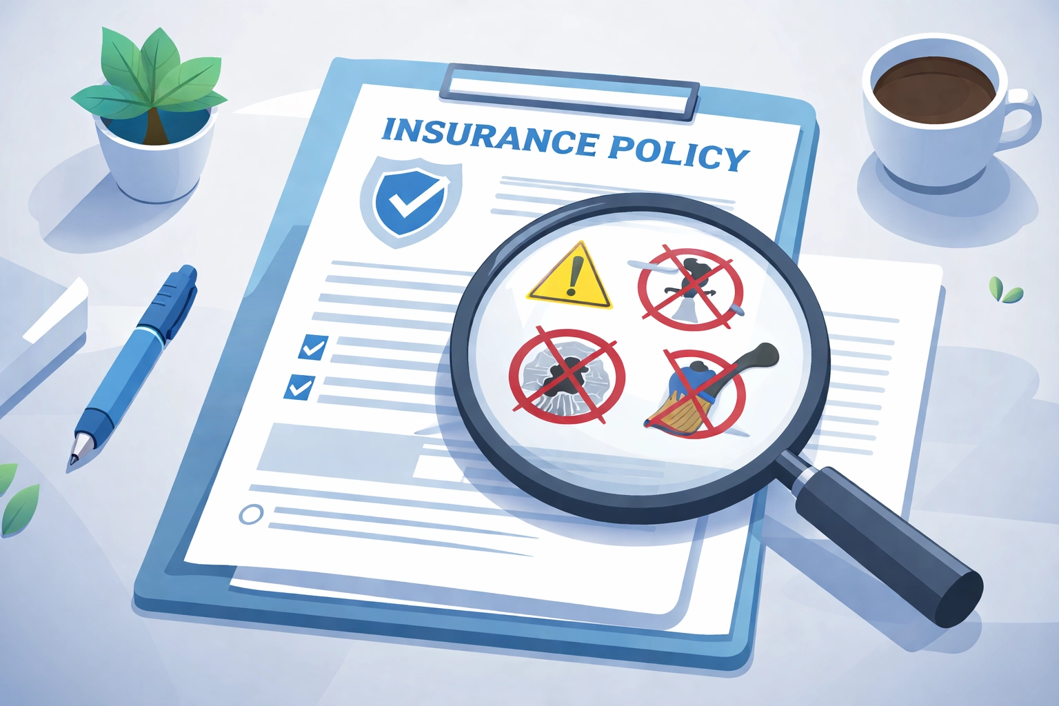 Magnifying glass over insurance document highlighting policy exclusions for fix and flip insurance coverage