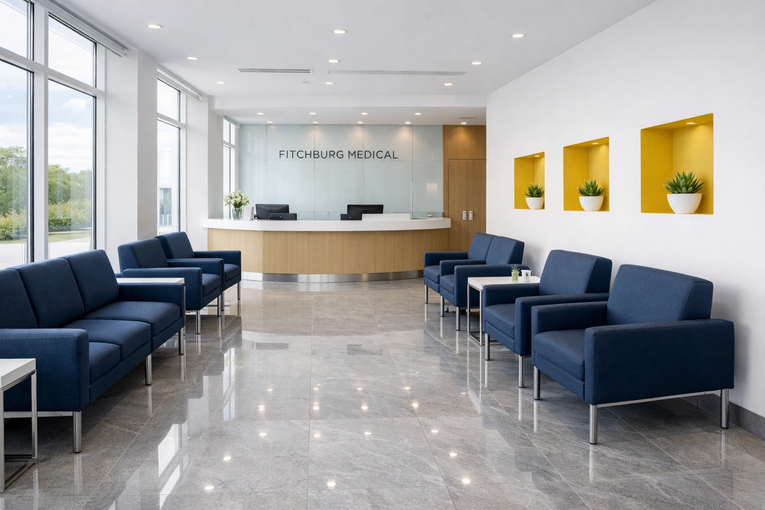 A pristine medical office waiting room in Fitchburg with polished floors and sanitized blue seating.