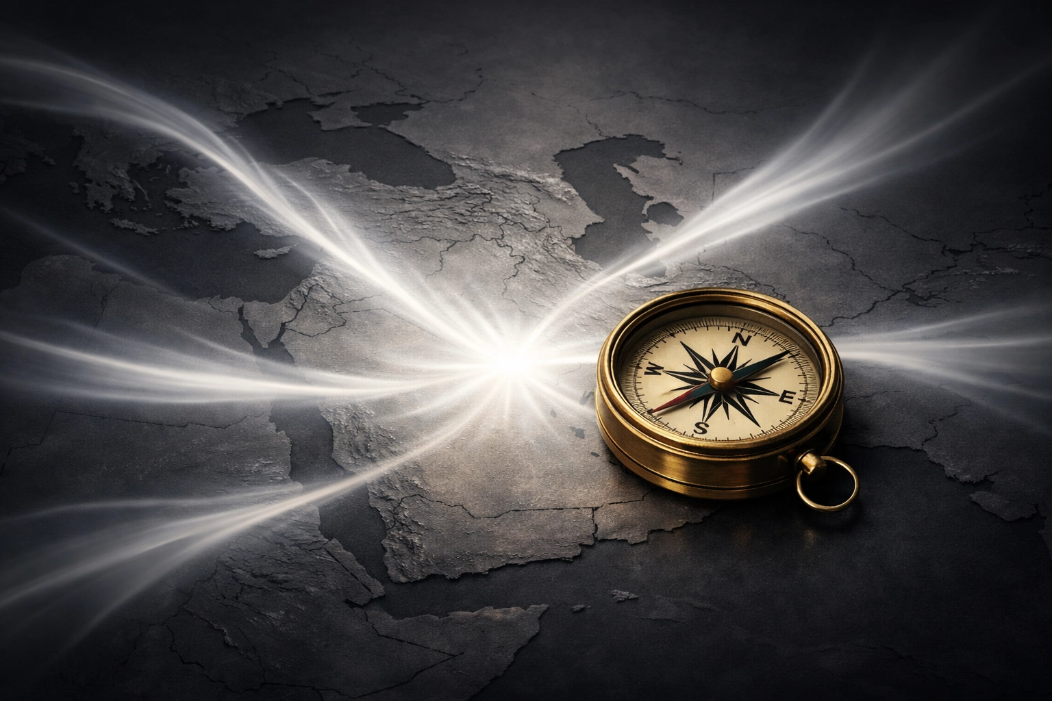 Compass on a Middle East map with light streaks symbolizing the scattering of people and spiritual awakening.