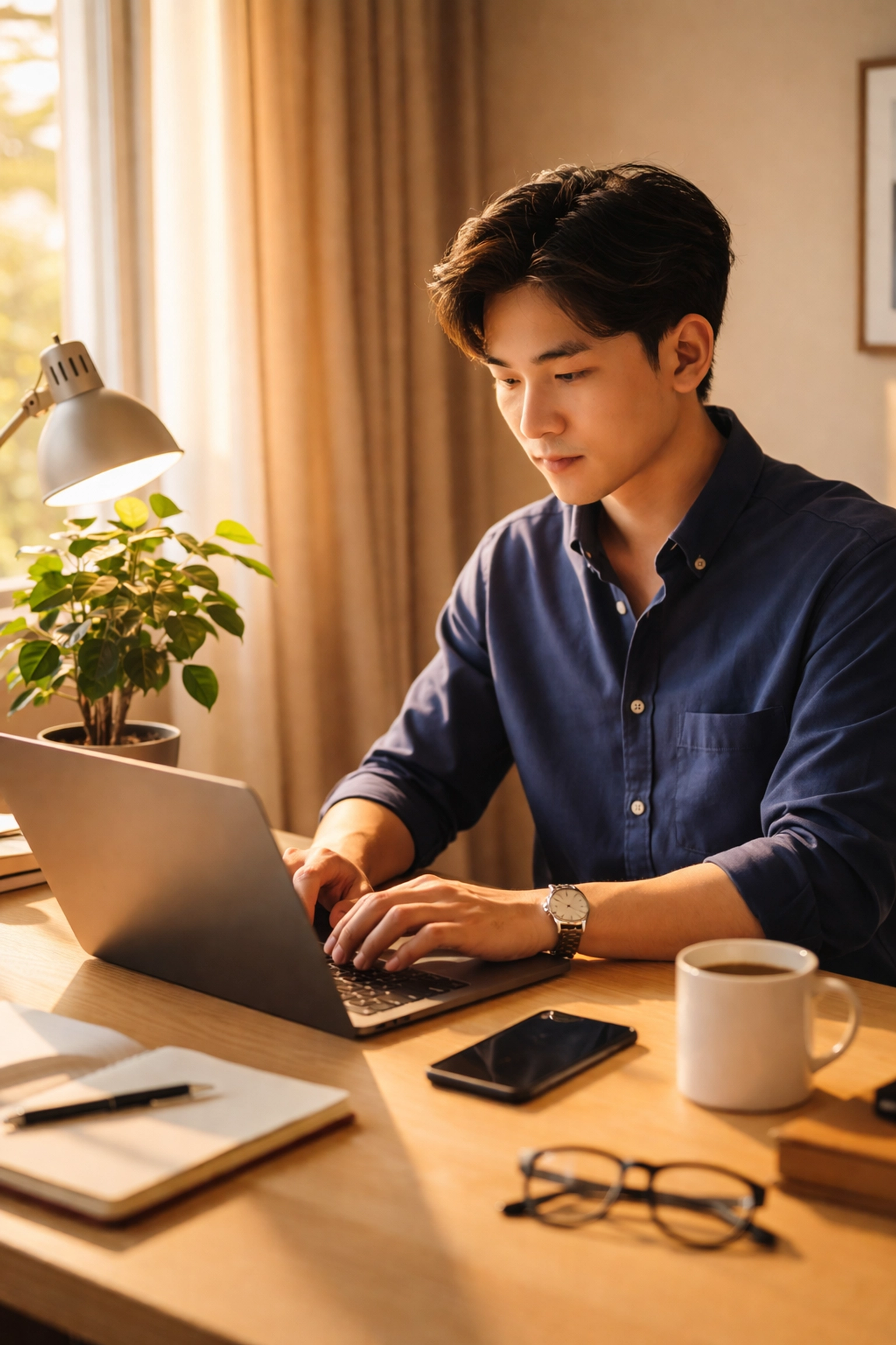 Focused man working at home office desk with phone face down to avoid distractions