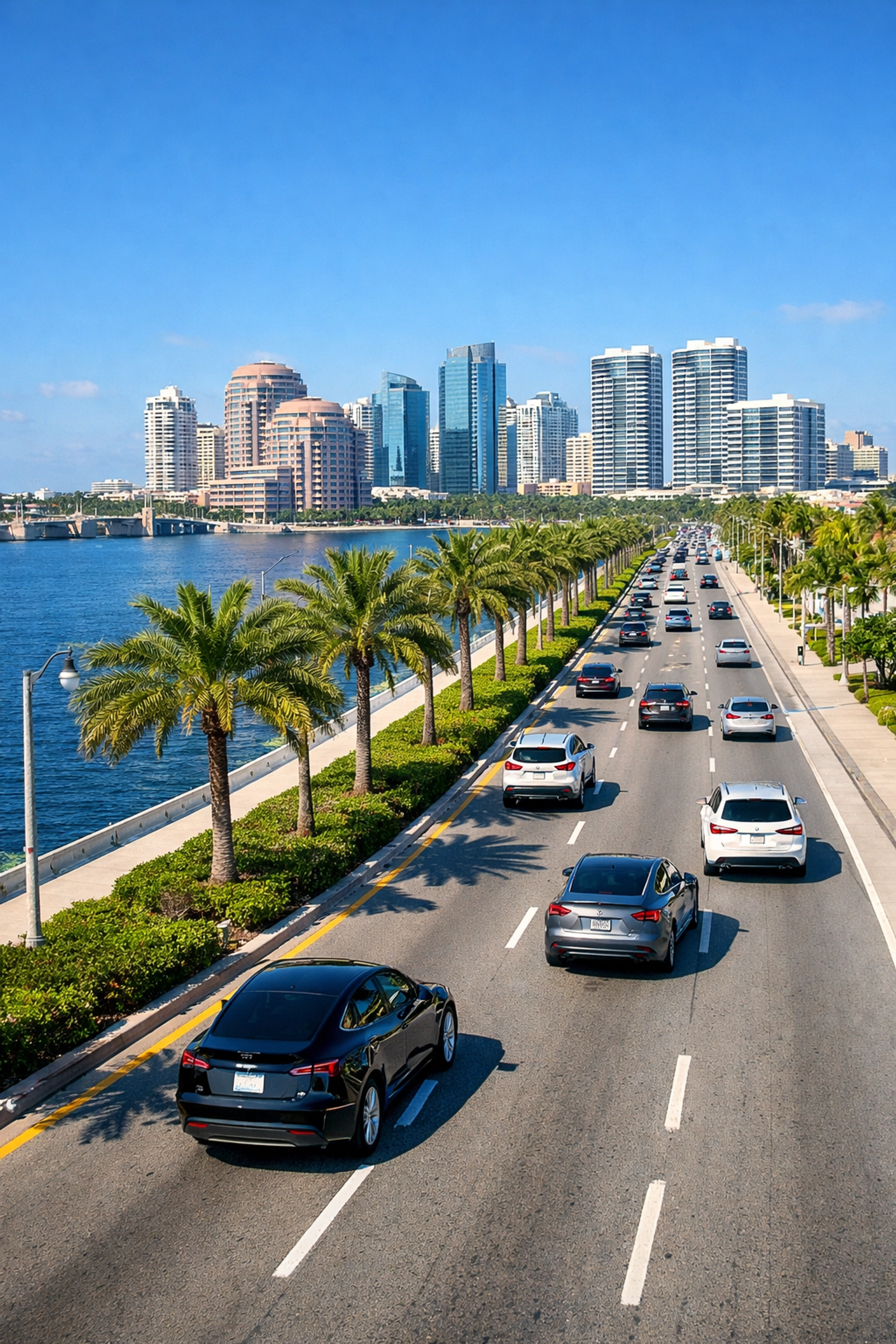 Busy morning traffic in downtown West Palm Beach near luxury office towers and the waterfront.