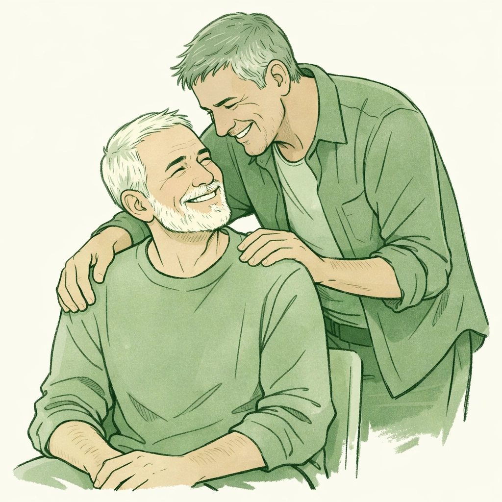 A modern male couple in a quiet moment of connection, representing emotional contemporary MM romance books.