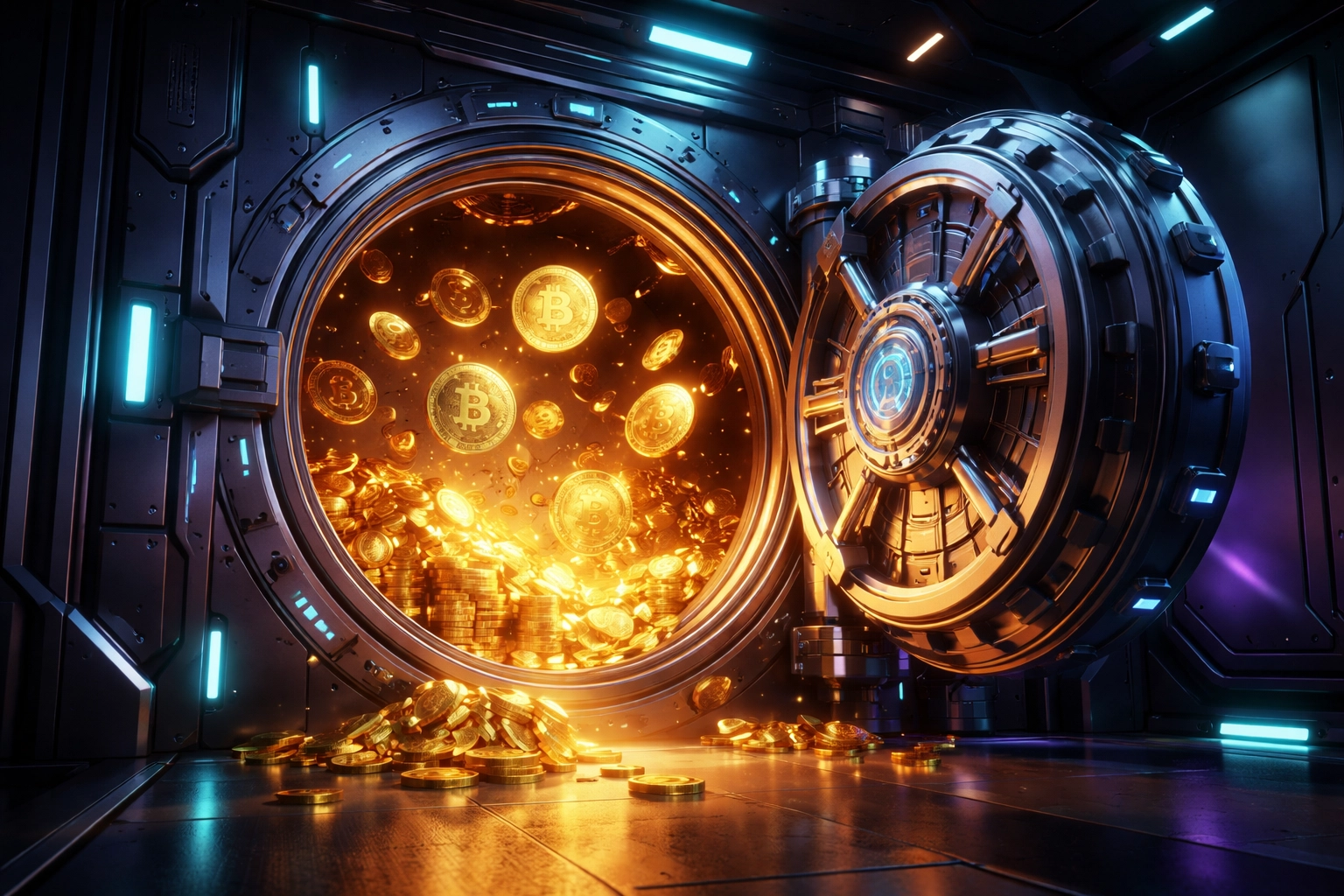 A futuristic vault open with gold coins and crypto tokens inside, symbolizing self-custody and secure Web3 payments.