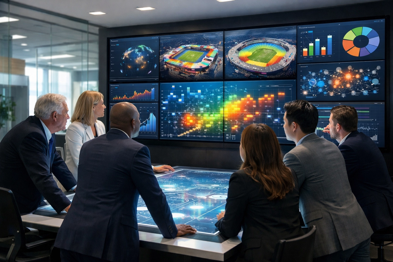 Dakdan Worldwide strategic team analyzing venue data analytics for innovative digital media monetization.