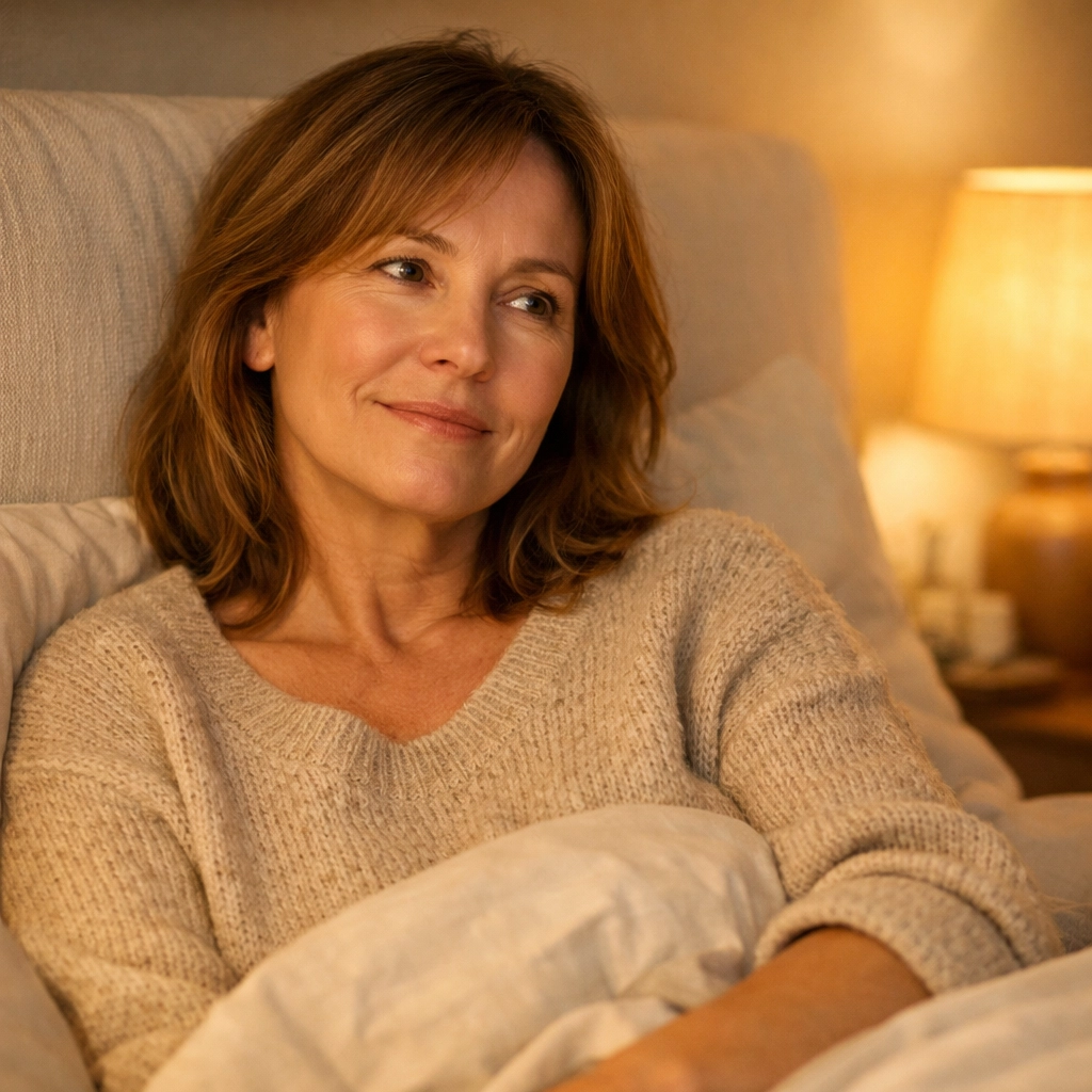 Woman in her 40s resting in a cozy bedroom, calming her nervous system to stop feeling wired but tired at night. Woman in her 40s resting in a cozy bedroom, calming her nervous system to stop feeling wired but tired at night.