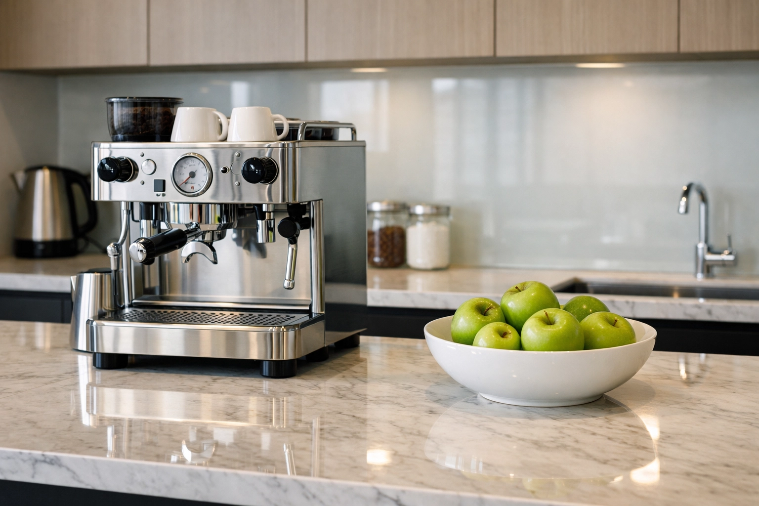 Spotless modern office breakroom with a hygienic marble countertop and clean stainless steel appliances.