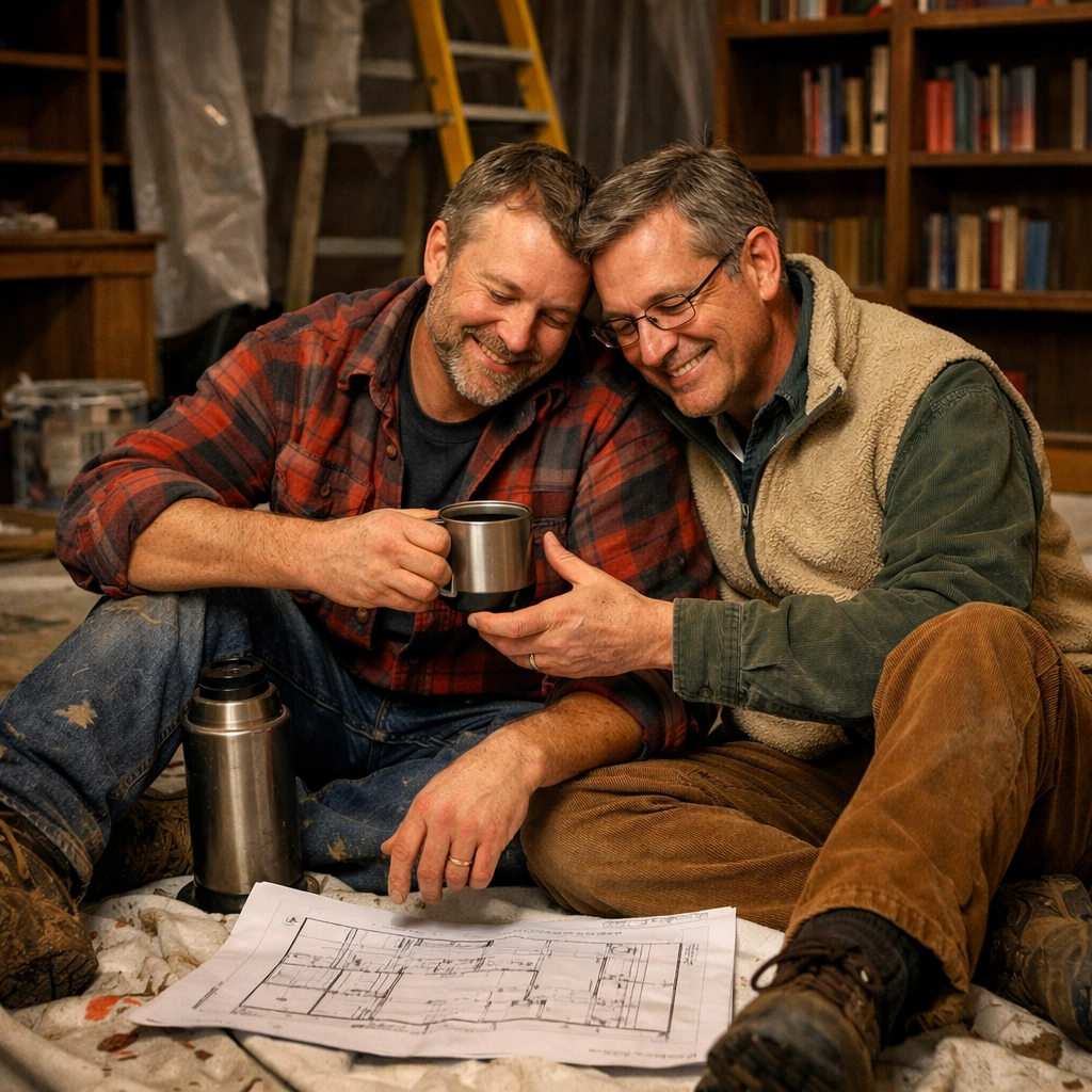A builder and a librarian share coffee and blueprints on a drop cloth in an authentic gay love story.