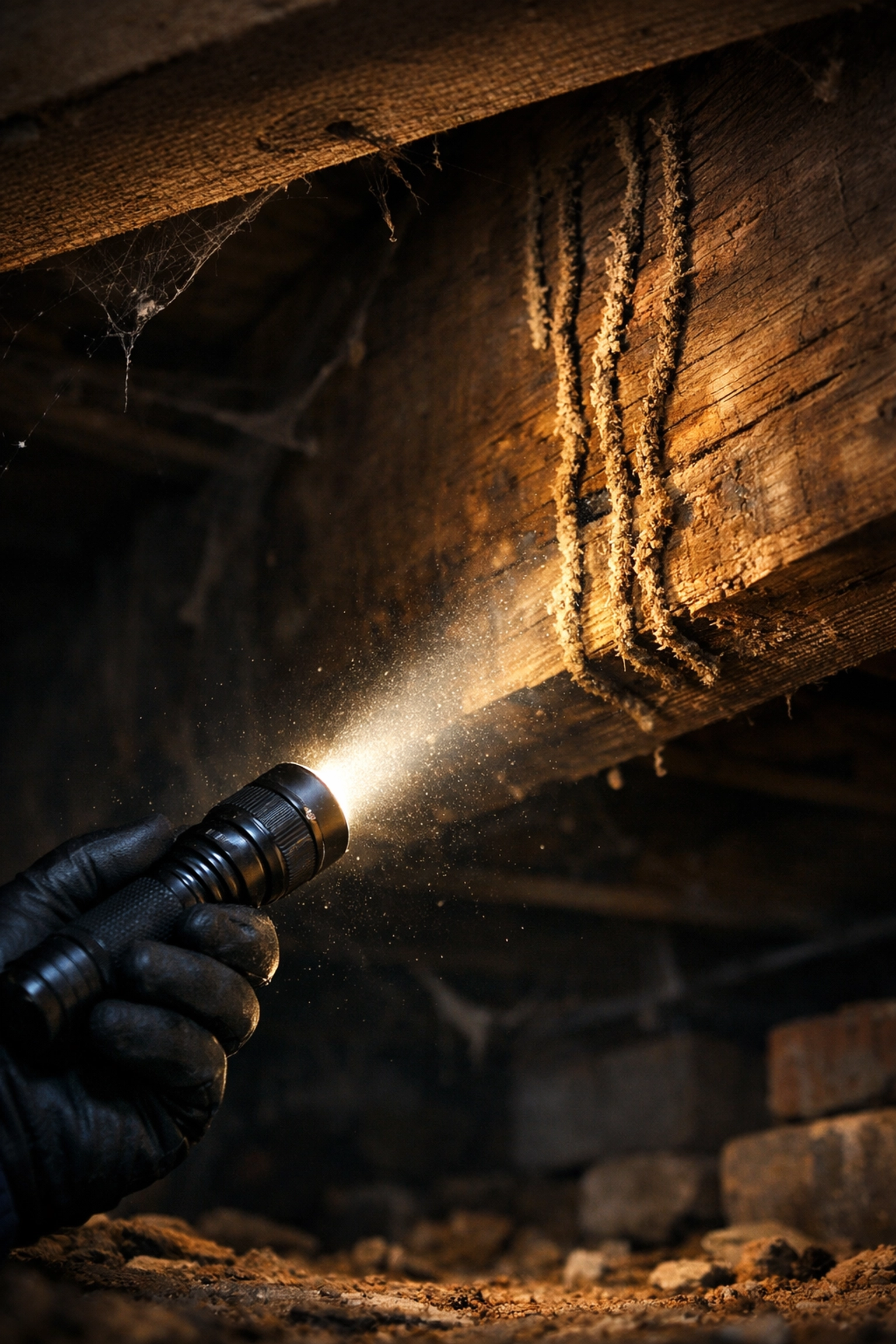 Westchester exterminator inspecting termite mud tubes on a floor joist in a crawl space with a tactical flashlight.