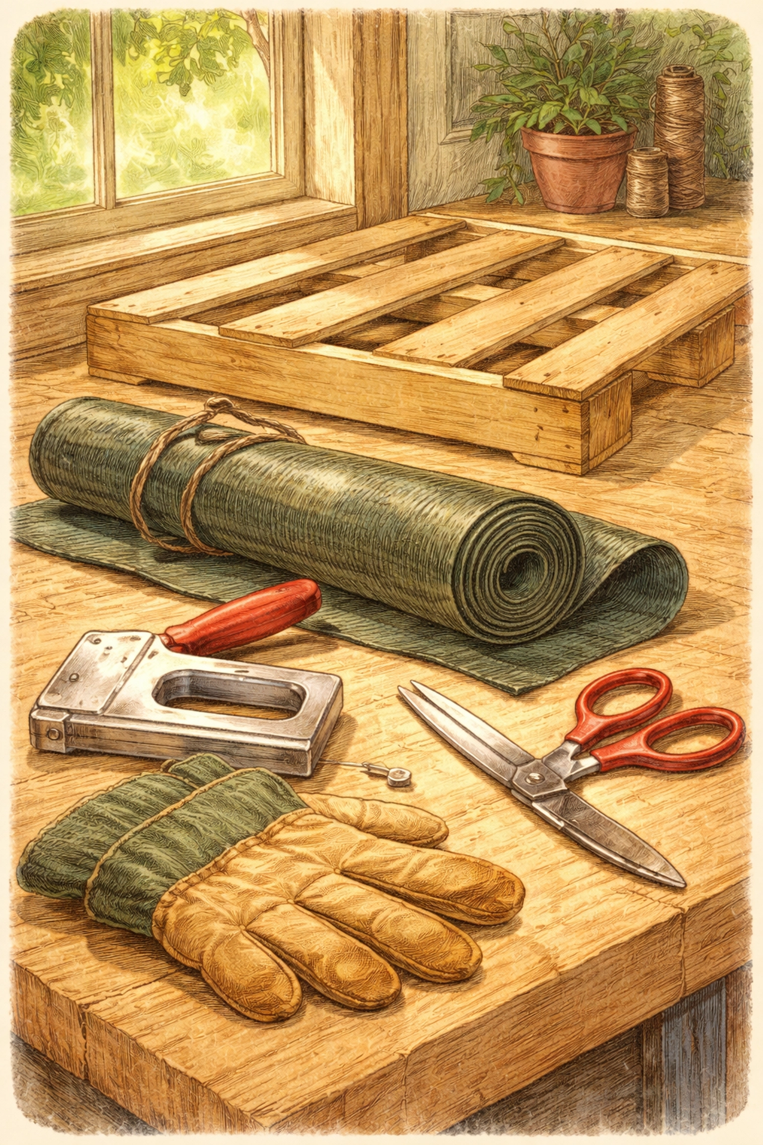 Work gloves, staple gun, scissors, and landscaping fabric on a workbench, ready for a DIY pallet garden project.
