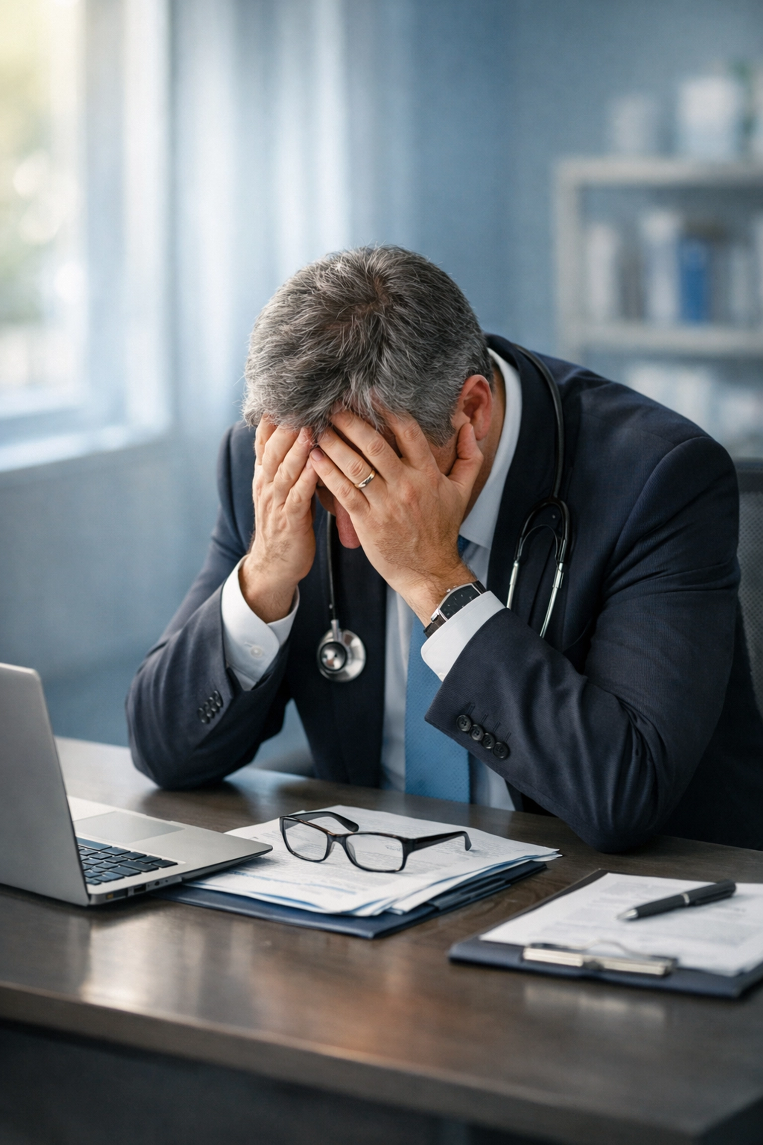 Exhausted healthcare executive experiencing leadership burnout at desk