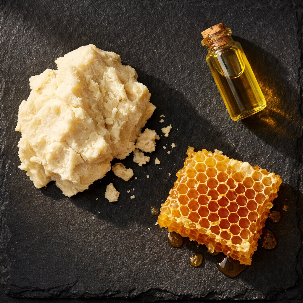 Natural ingredients like raw shea butter and essential oils used in deep conditioning beard products.