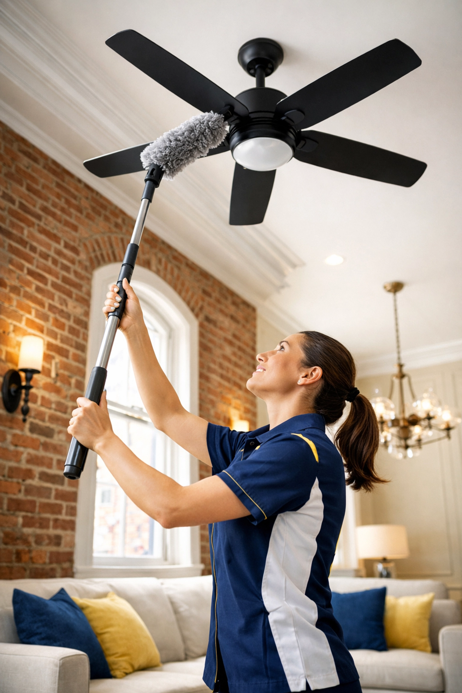 Professional cleaner dusting a ceiling fan using high-to-low techniques for Apartment Cleaning Boston.